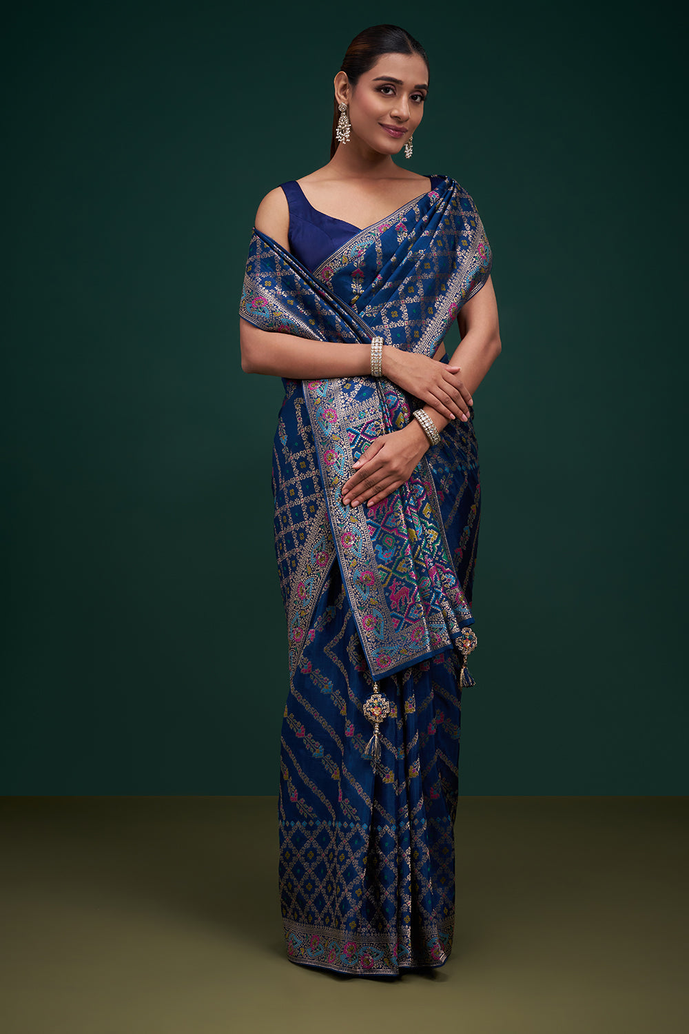 Blue Banarasi Silk Patola Print Saree with Unstitched Blouse