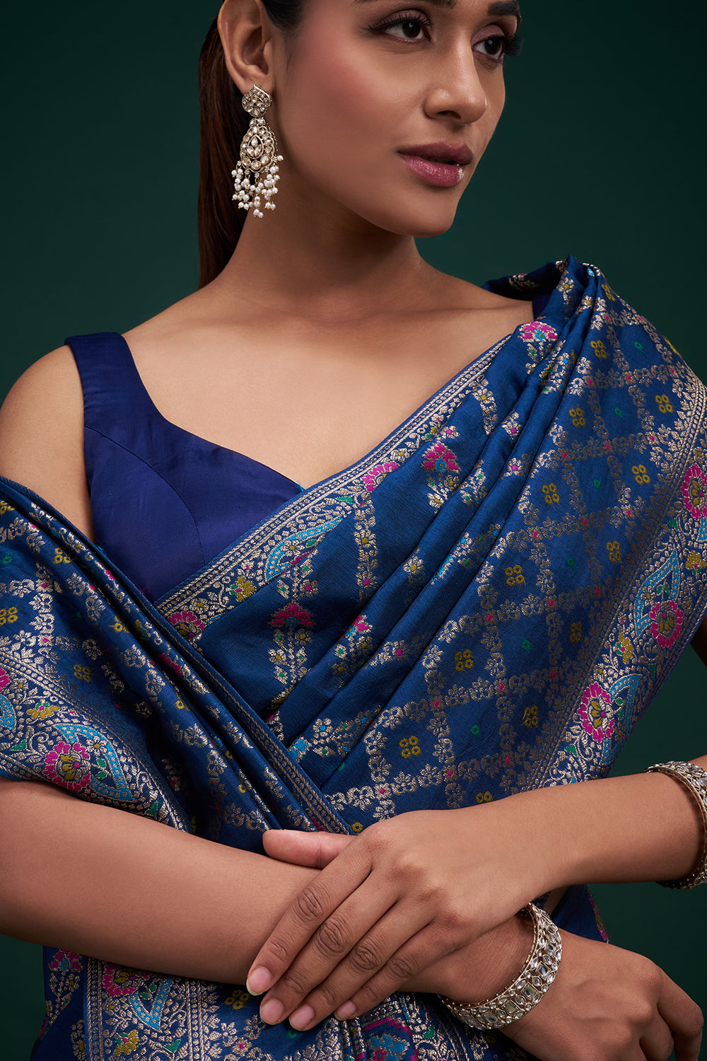 Blue Banarasi Silk Patola Print Saree with Unstitched Blouse
