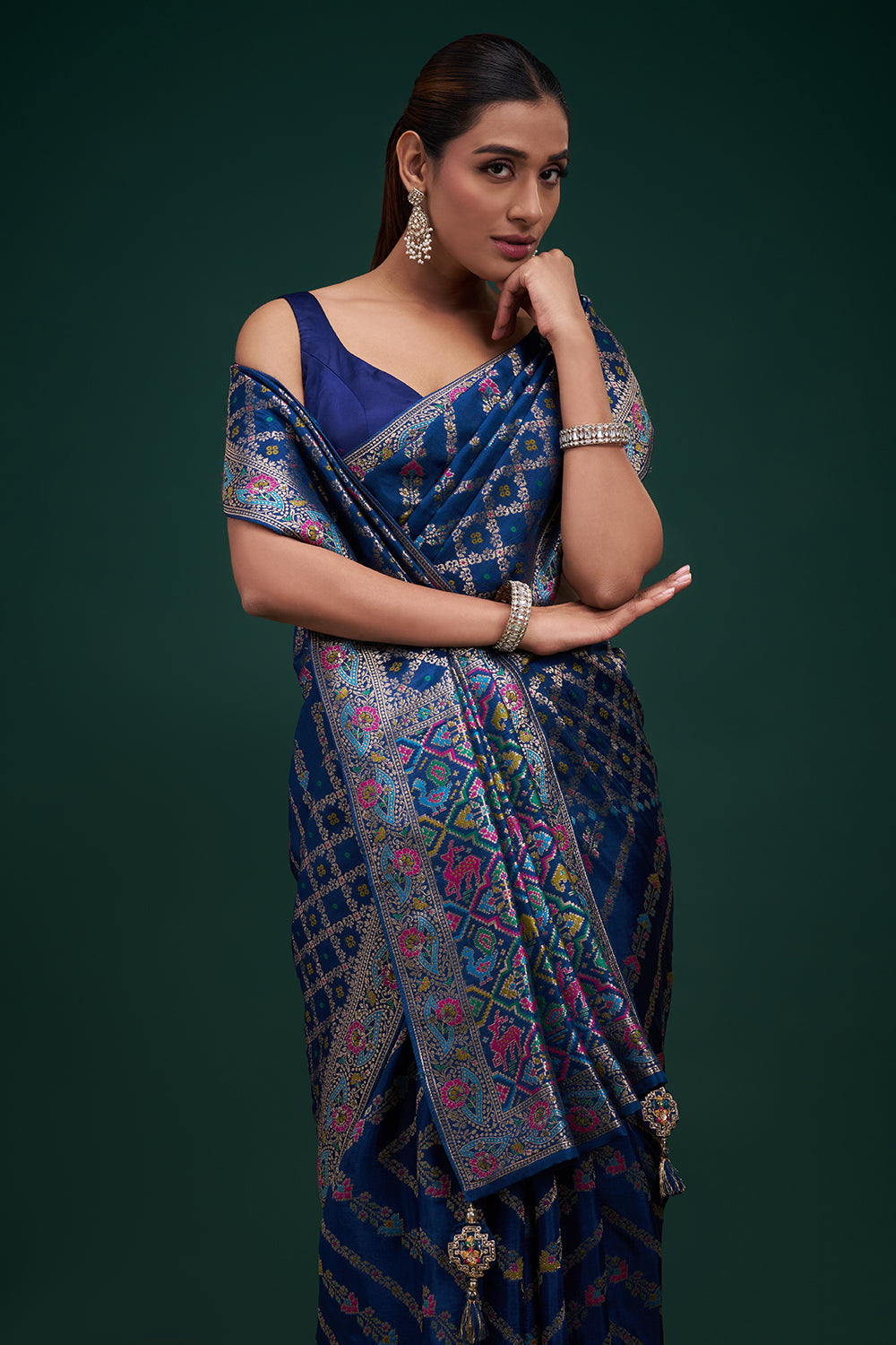 Blue Banarasi Silk Patola Print Saree with Unstitched Blouse