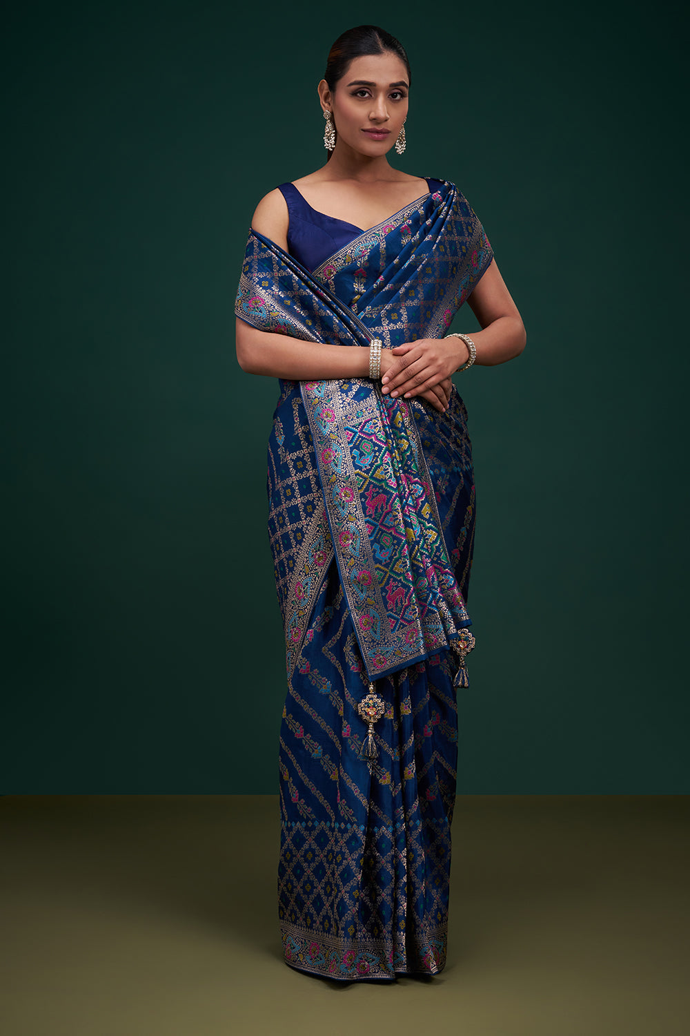Blue Banarasi Silk Patola Print Saree with Unstitched Blouse