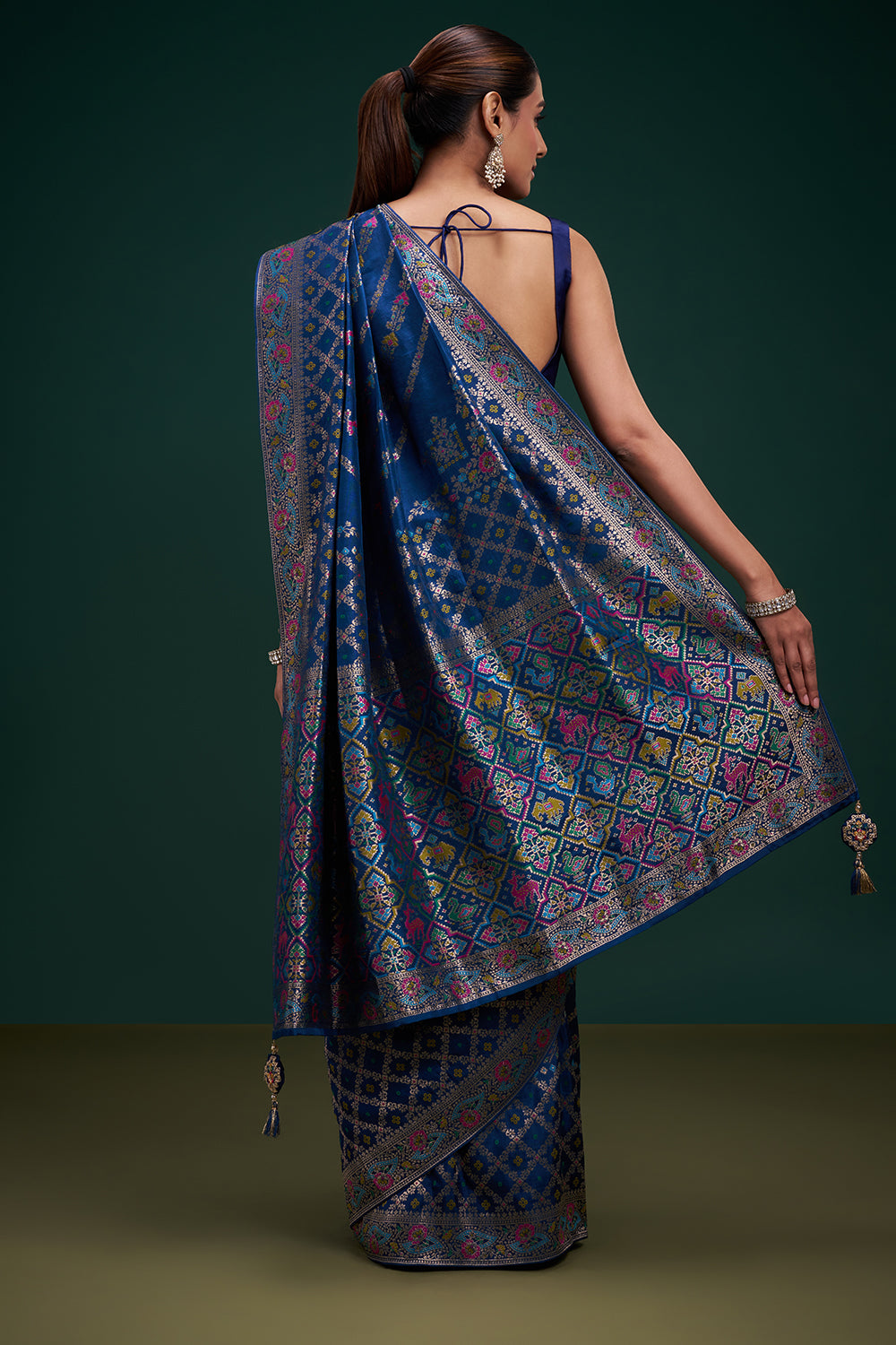 Blue Banarasi Silk Patola Print Saree with Unstitched Blouse