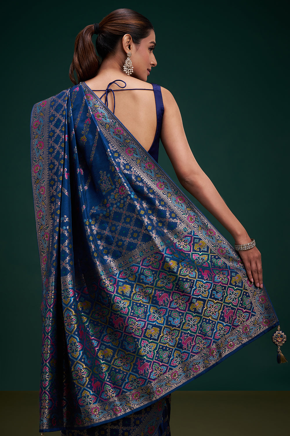 Blue Banarasi Silk Patola Print Saree with Unstitched Blouse