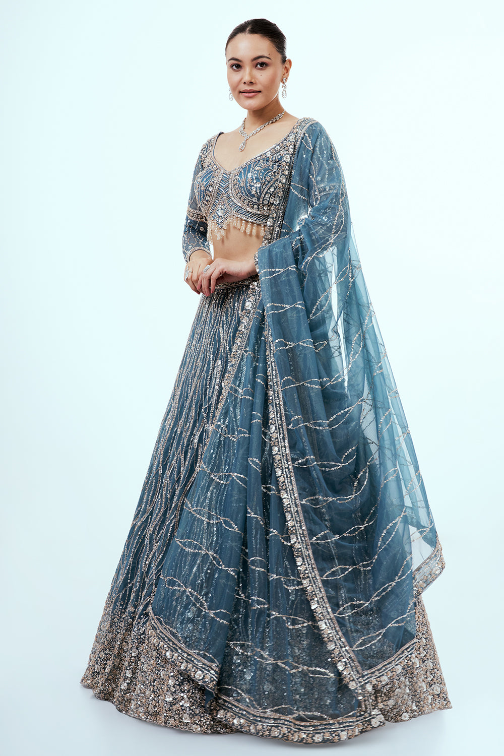 Blue Net Lehenga with Sequins Hand Work