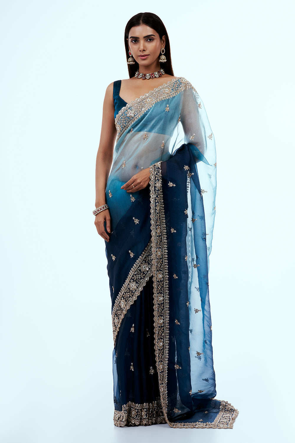 Blue Ombre Organza Saree with Butti Work
