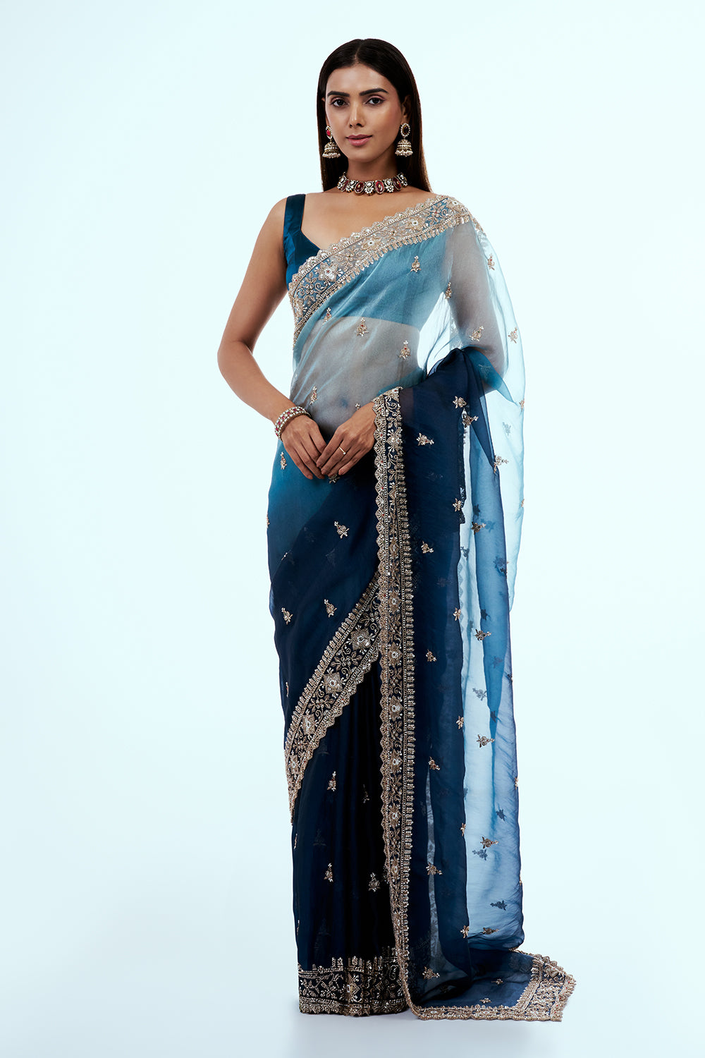 Blue Ombre Organza Saree with Butti Work