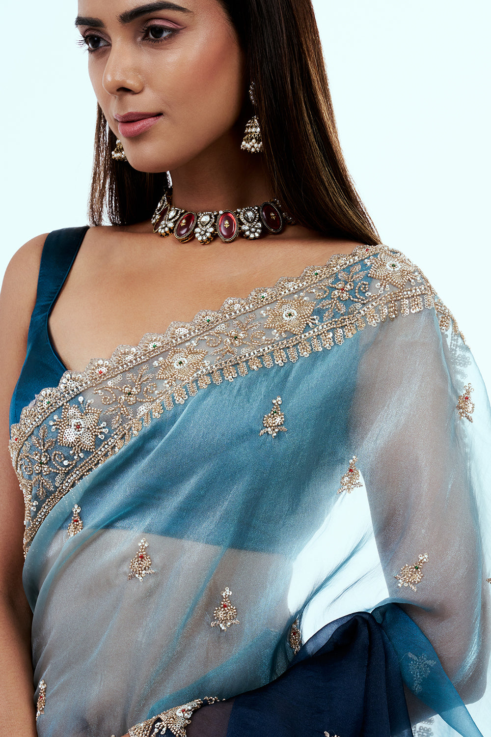 Blue Ombre Organza Saree with Butti Work
