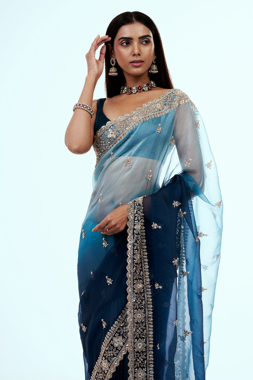Blue Ombre Organza Saree with Butti Work