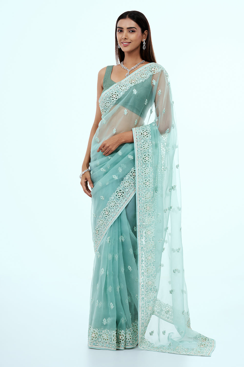 Blue Organza Saree with Resham Embroidery and Butti Work