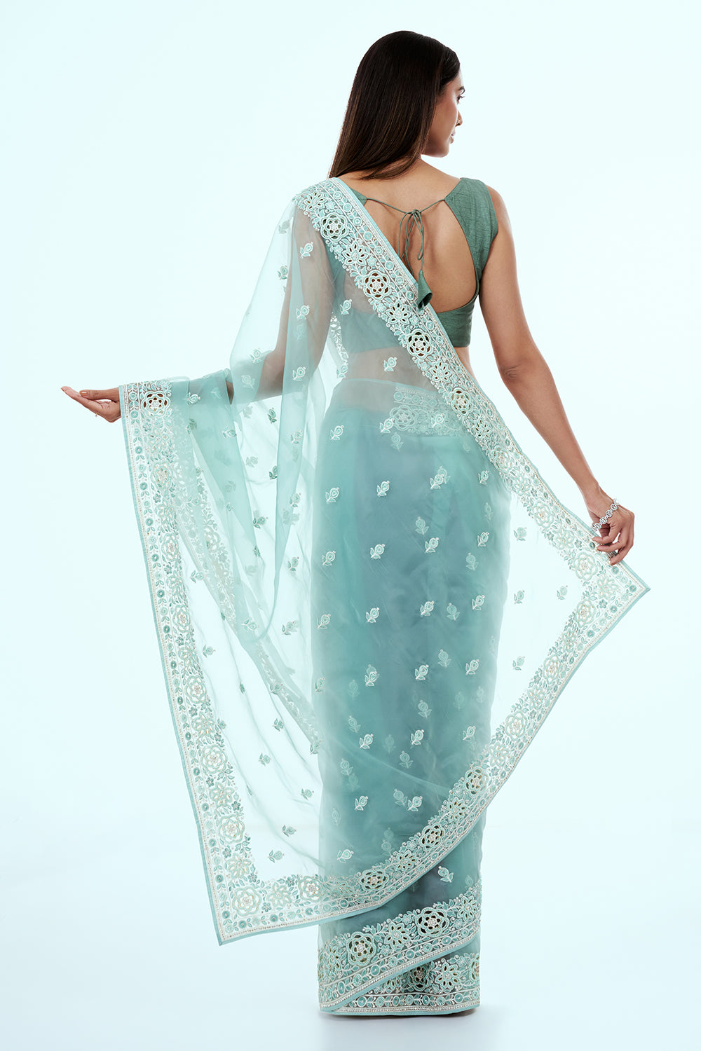 Blue Organza Saree with Resham Embroidery and Butti Work