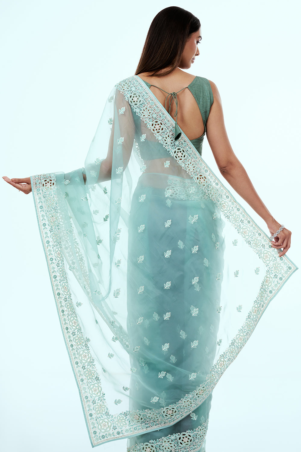 Blue Organza Saree with Resham Embroidery and Butti Work
