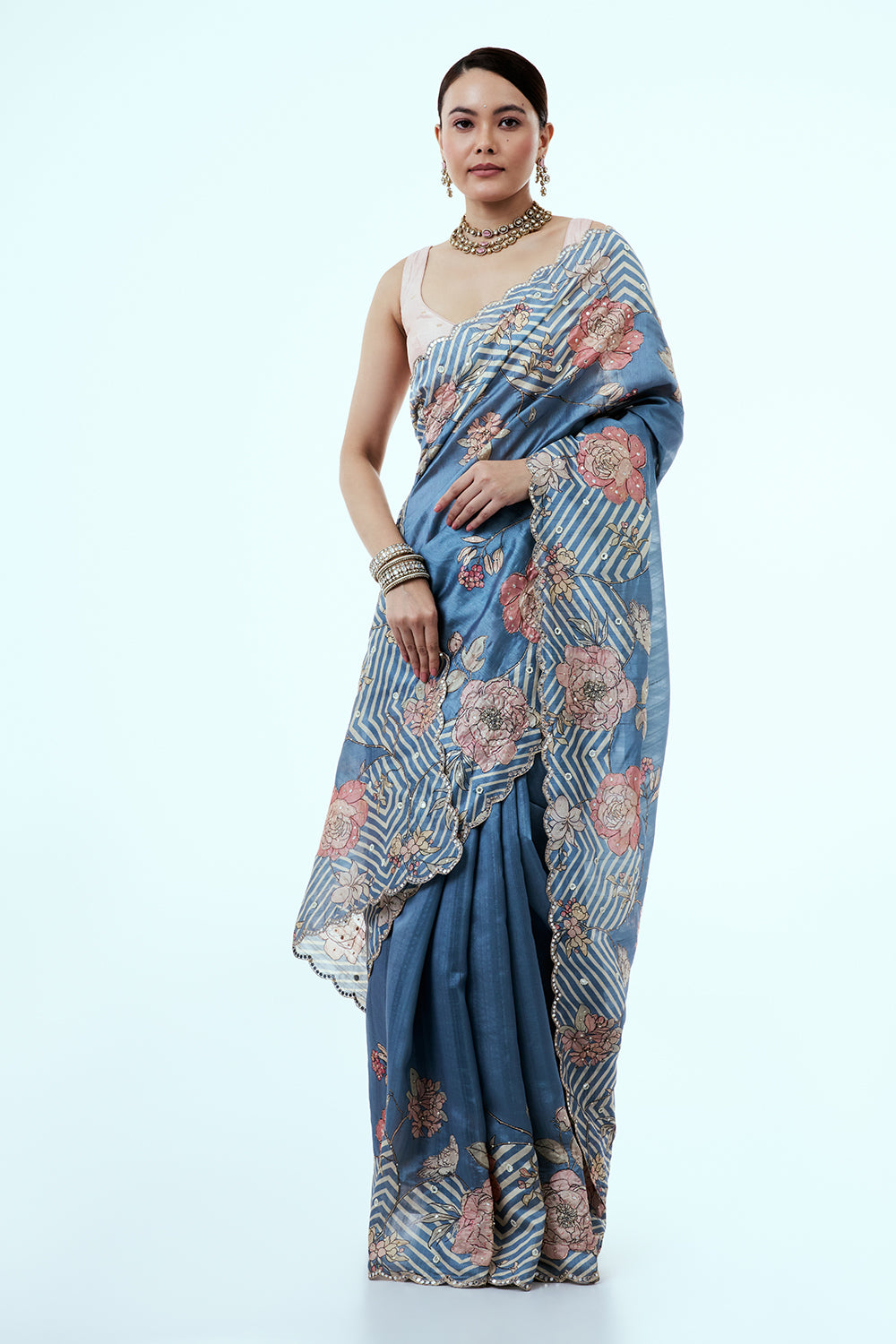 Blue Tussar Silk Saree with Mirror Work