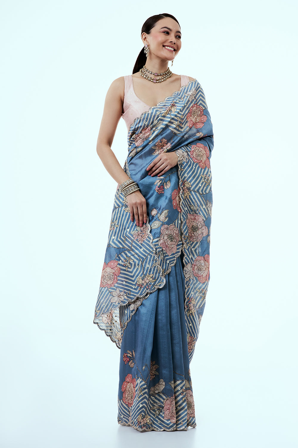 Blue Tussar Silk Saree with Mirror Work