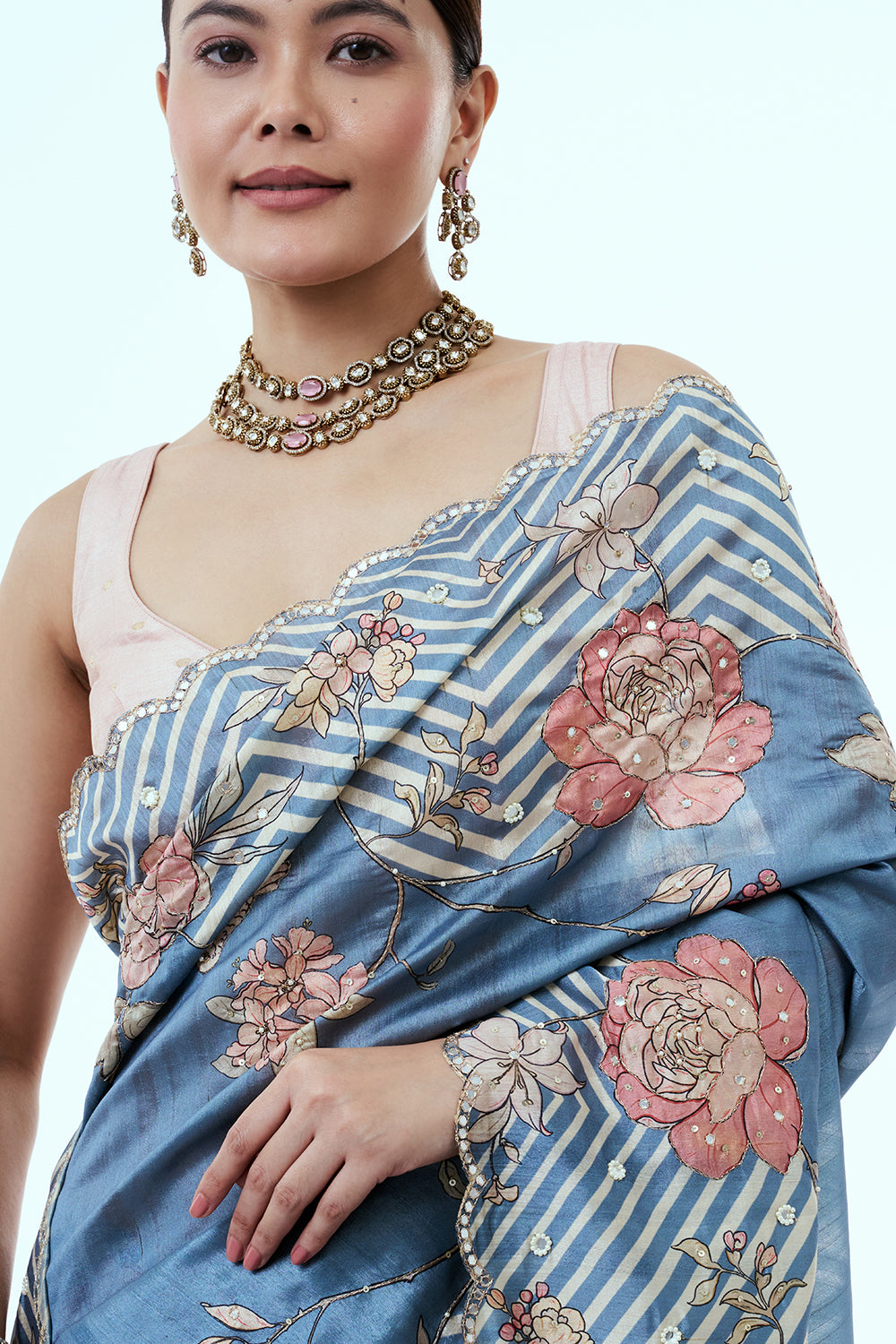 Blue Tussar Silk Saree with Mirror Work