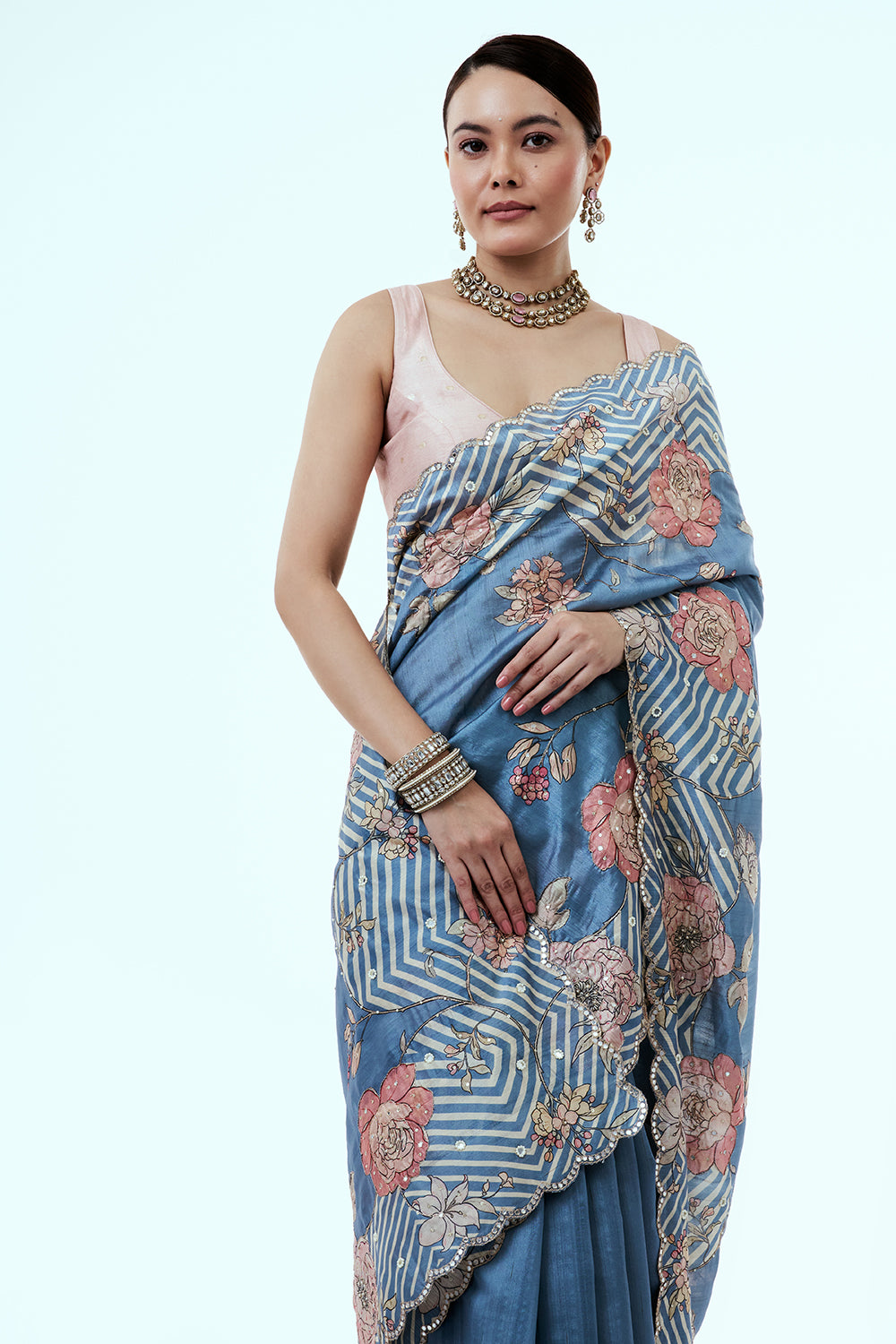Blue Tussar Silk Saree with Mirror Work