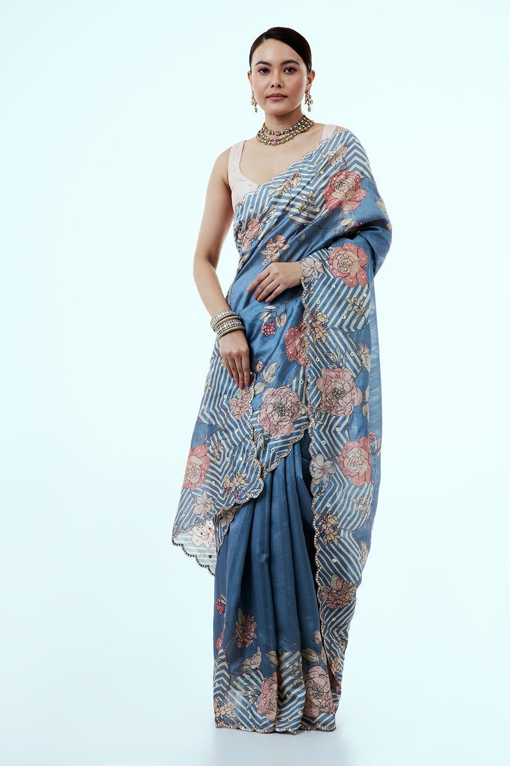 Blue Tussar Silk Saree with Mirror Work