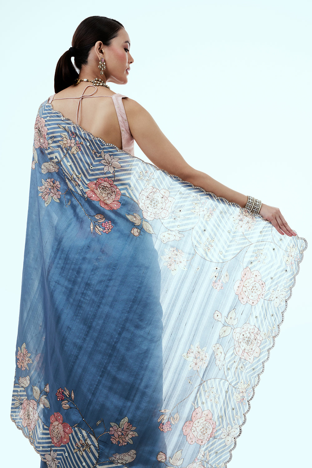 Blue Tussar Silk Saree with Mirror Work
