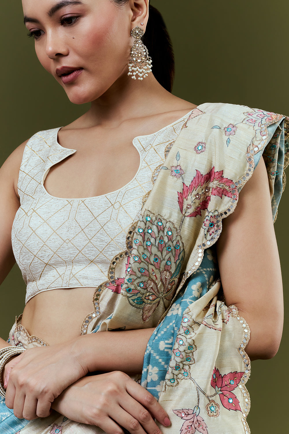 Blue Tussar Silk Saree with Zari Work and Printed Border