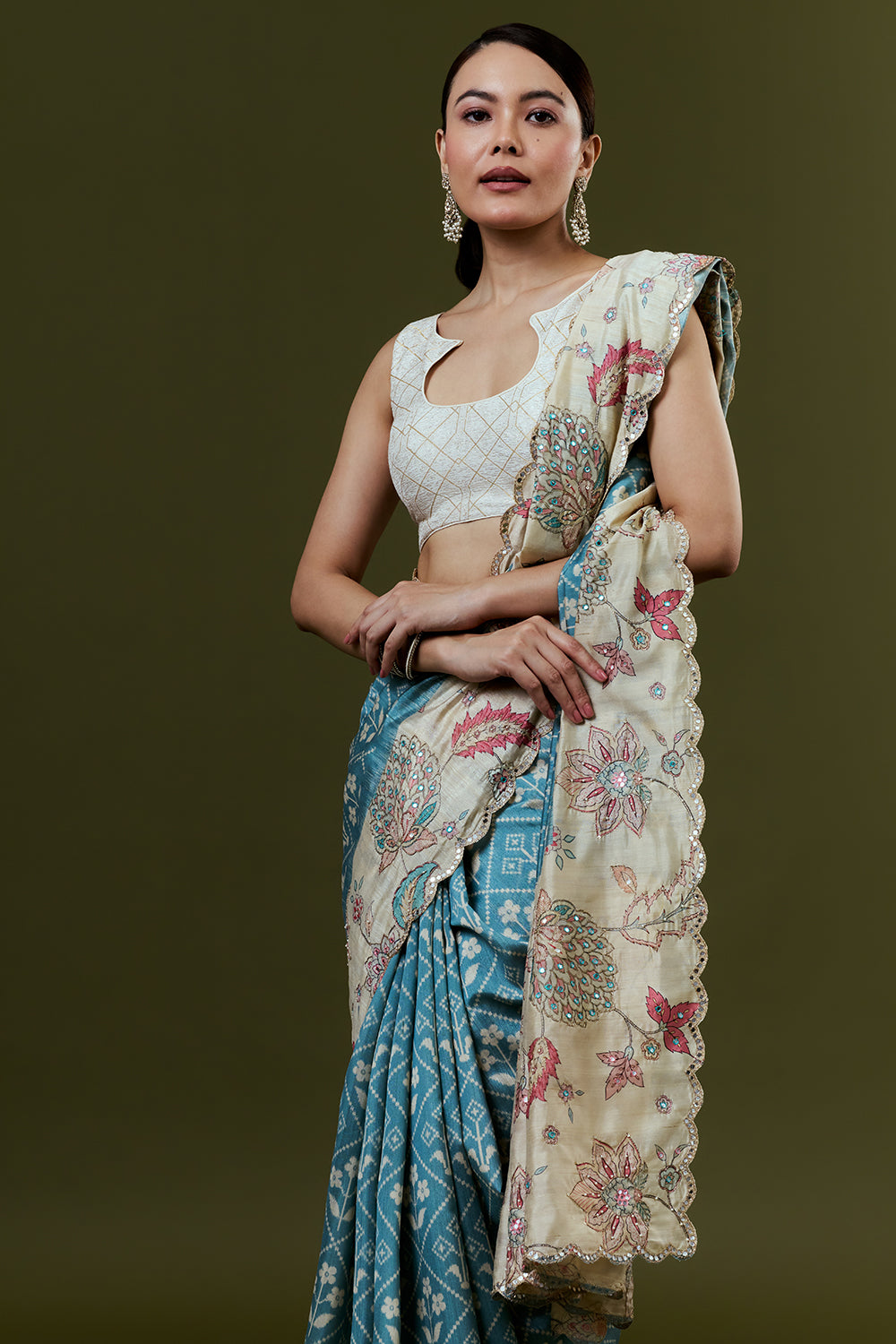 Blue Tussar Silk Saree with Zari Work and Printed Border