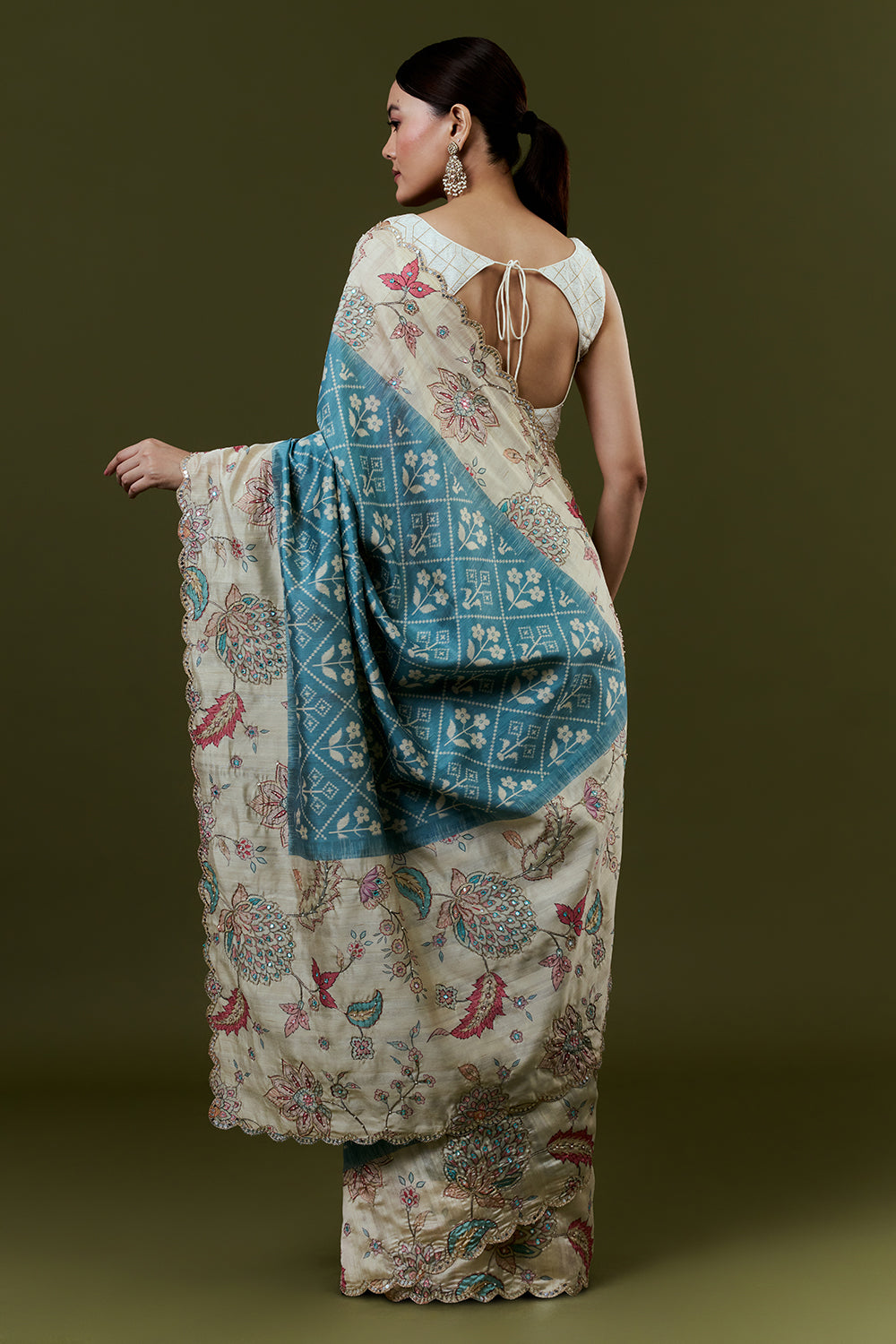 Blue Tussar Silk Saree with Zari Work and Printed Border