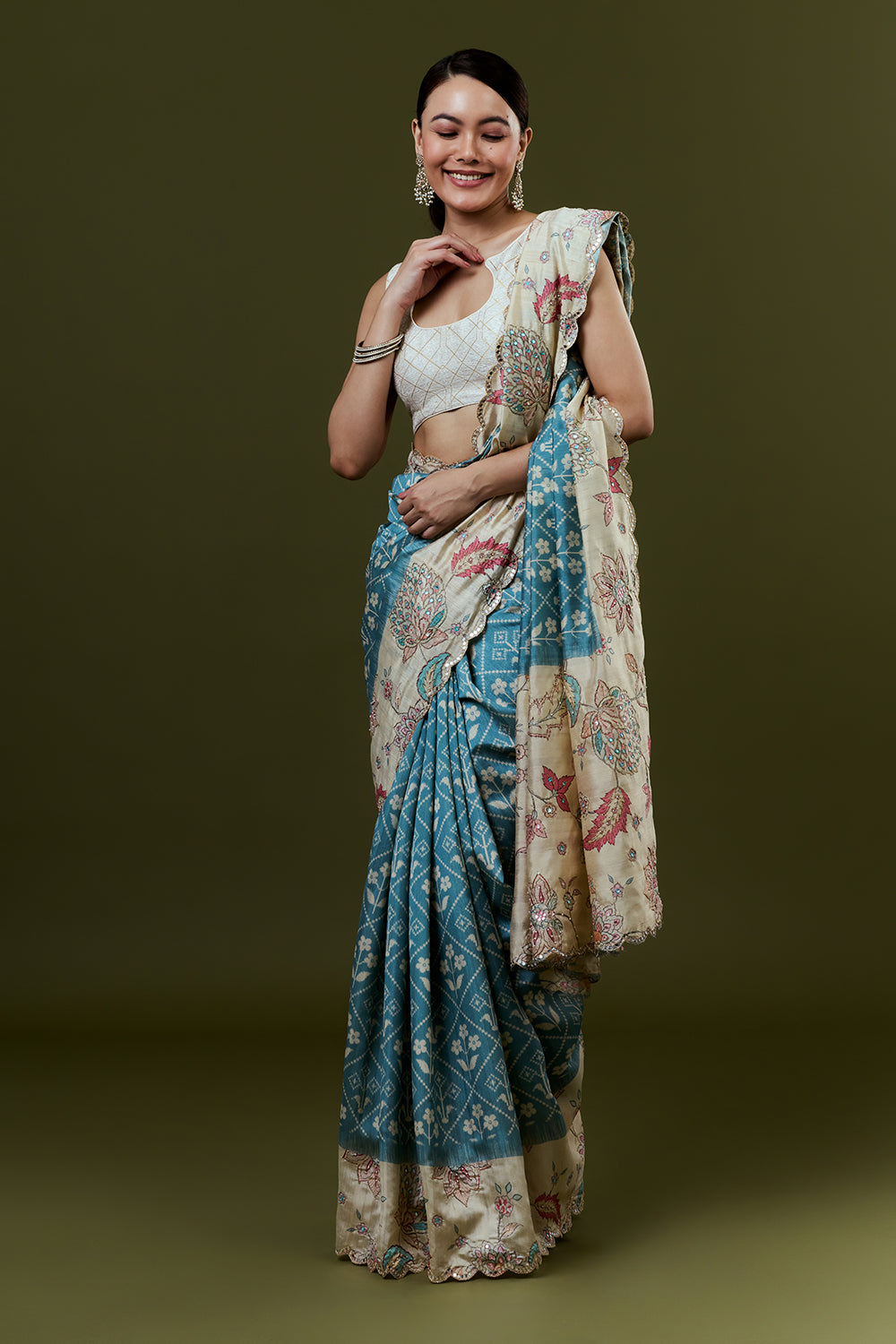 Blue Tussar Silk Saree with Zari Work and Printed Border