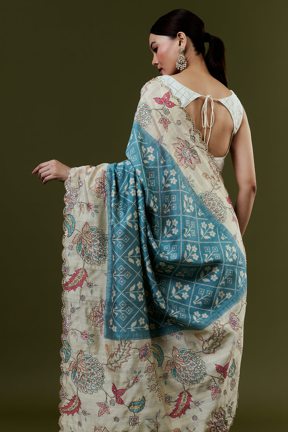 Blue Tussar Silk Saree with Zari Work and Printed Border