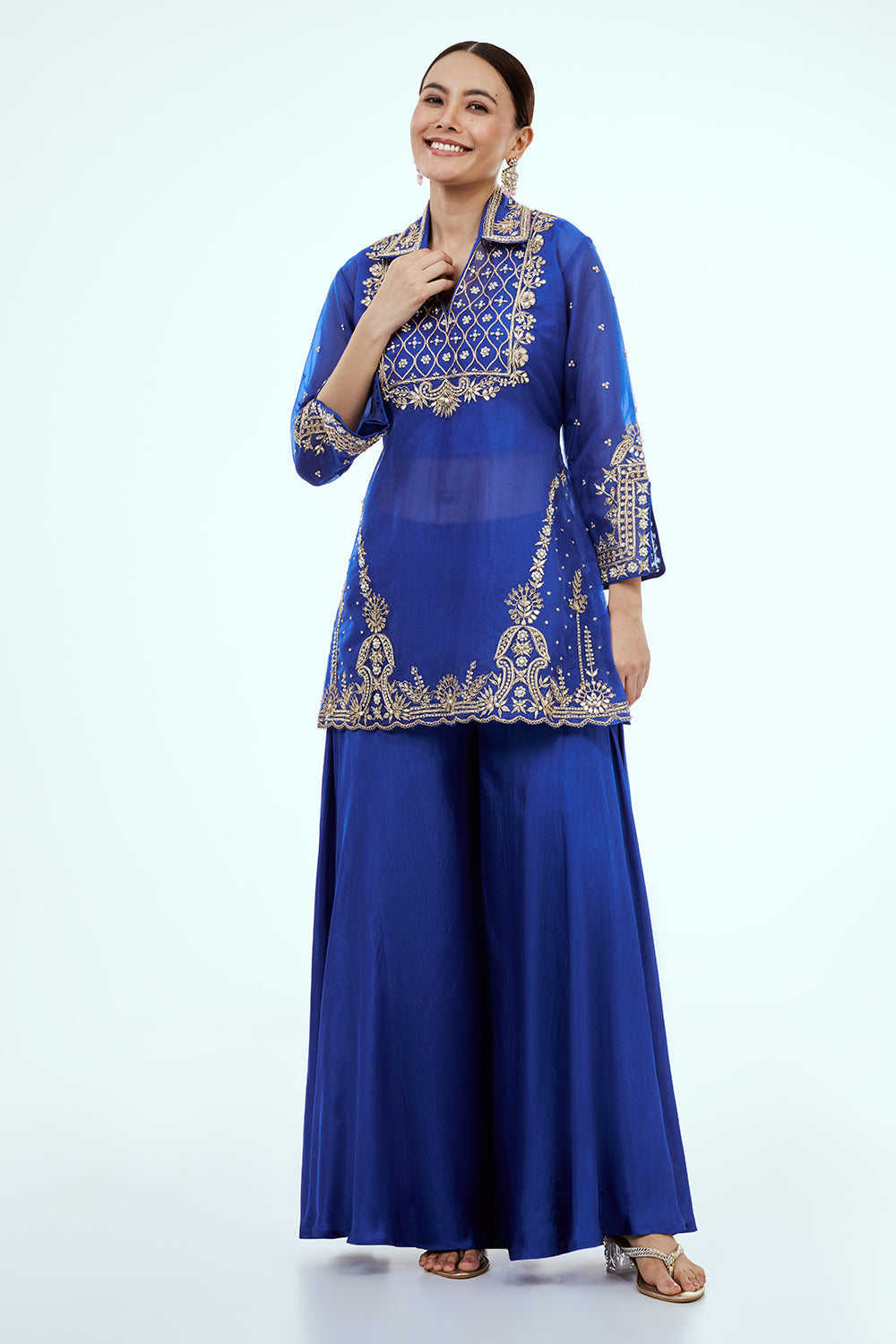 Blue Uppada Silk Palazzo Set with Zardosi Work