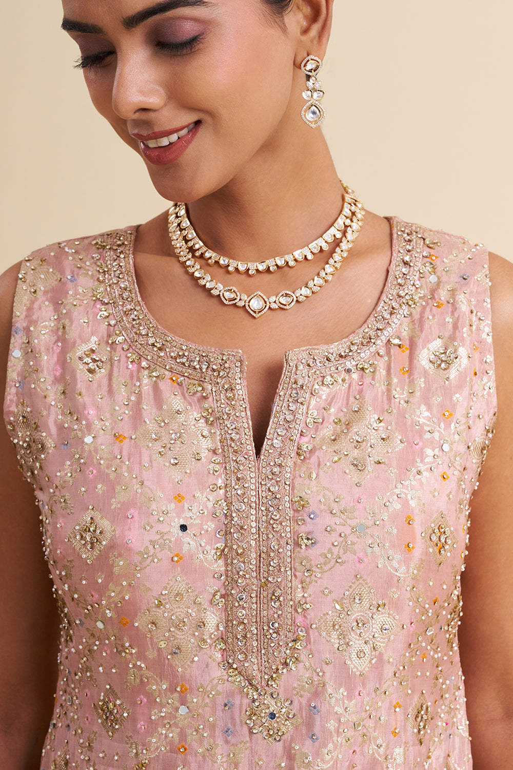 Blush Pink Banarasi Buti Kurta Set with Zari Embroidery and Brocade Farsi Salwar