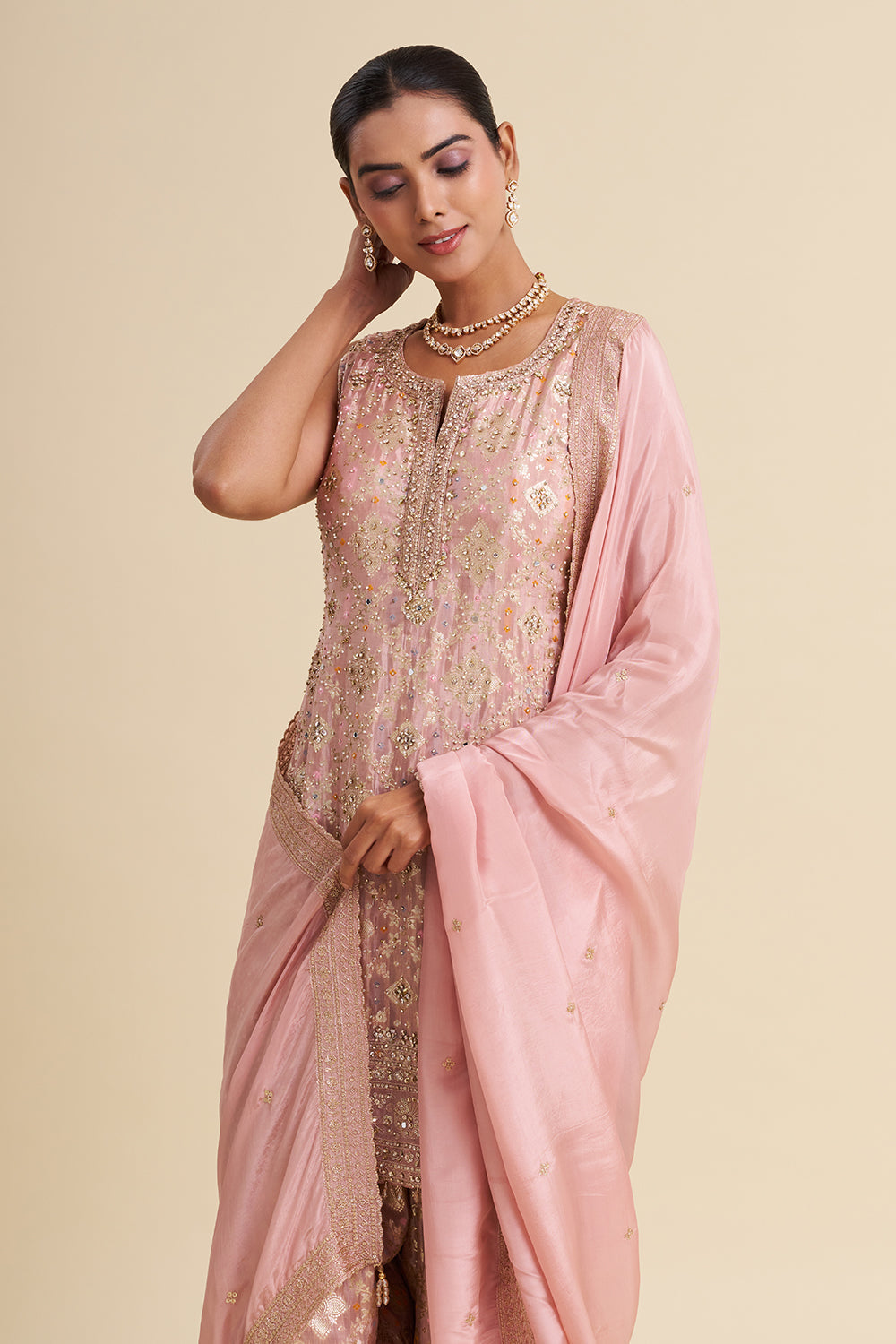 Blush Pink Banarasi Buti Kurta Set with Zari Embroidery and Brocade Farsi Salwar