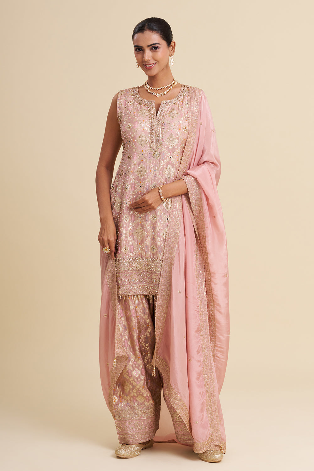 Blush Pink Banarasi Buti Kurta Set with Zari Embroidery and Brocade Farsi Salwar