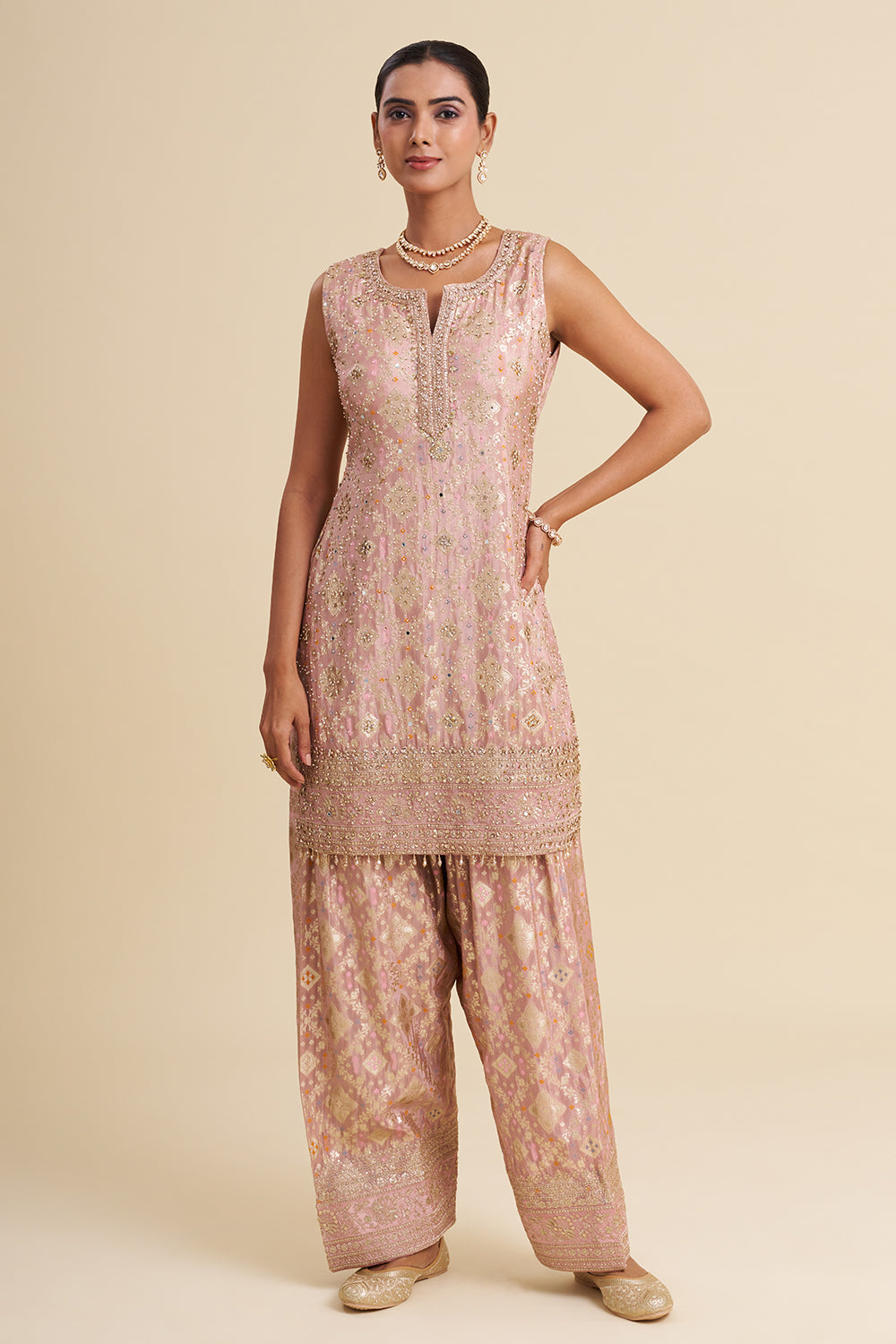 Blush Pink Banarasi Buti Kurta Set with Zari Embroidery and Brocade Farsi Salwar