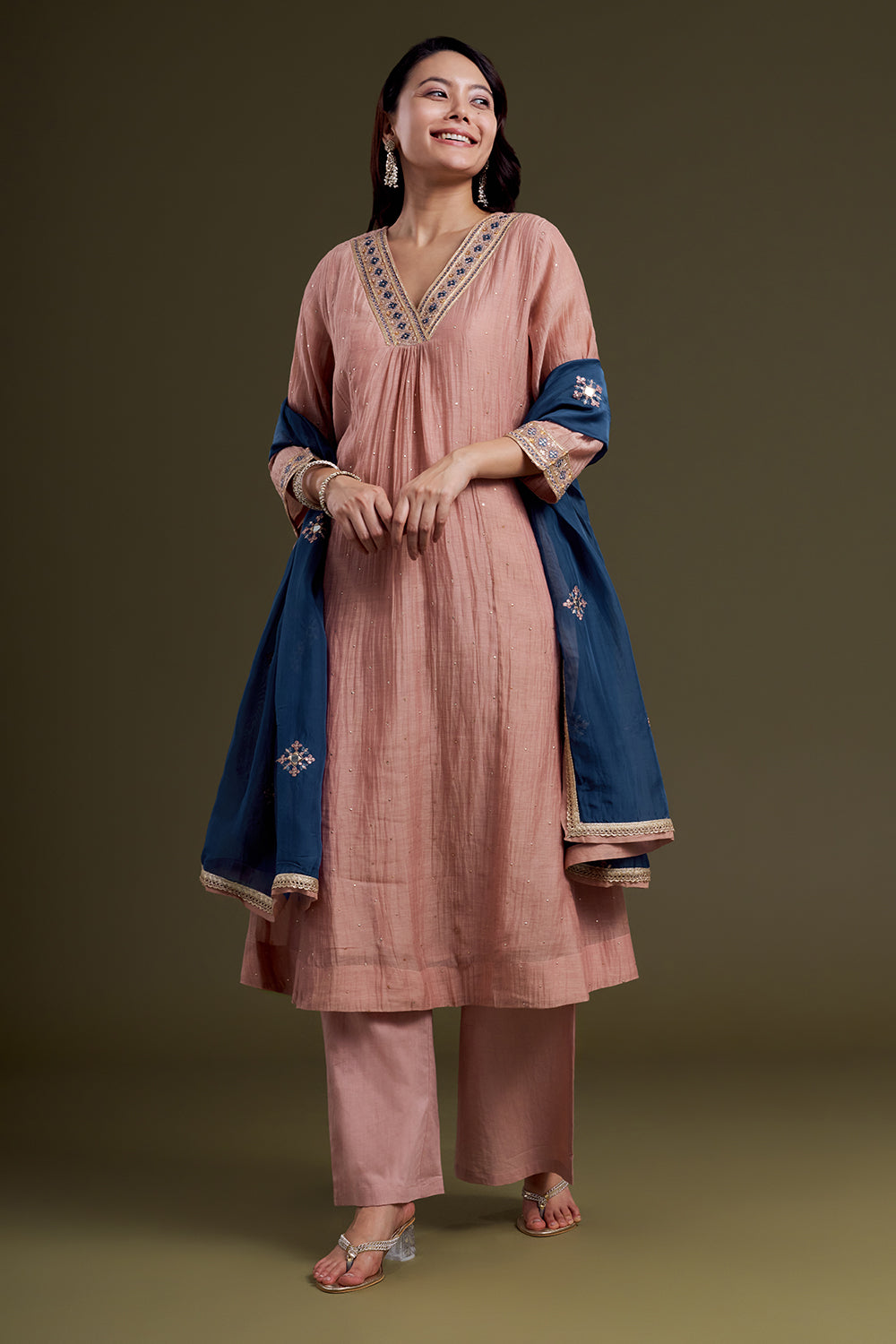 Blush Pink Chanderi Silk Kurta Set with Navy Blue Mirror-Work Dupatta