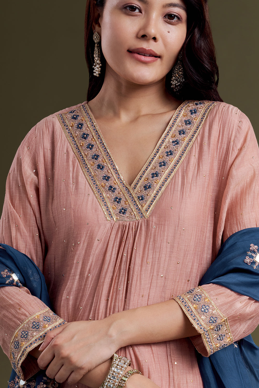 Blush Pink Chanderi Silk Kurta Set with Navy Blue Mirror-Work Dupatta