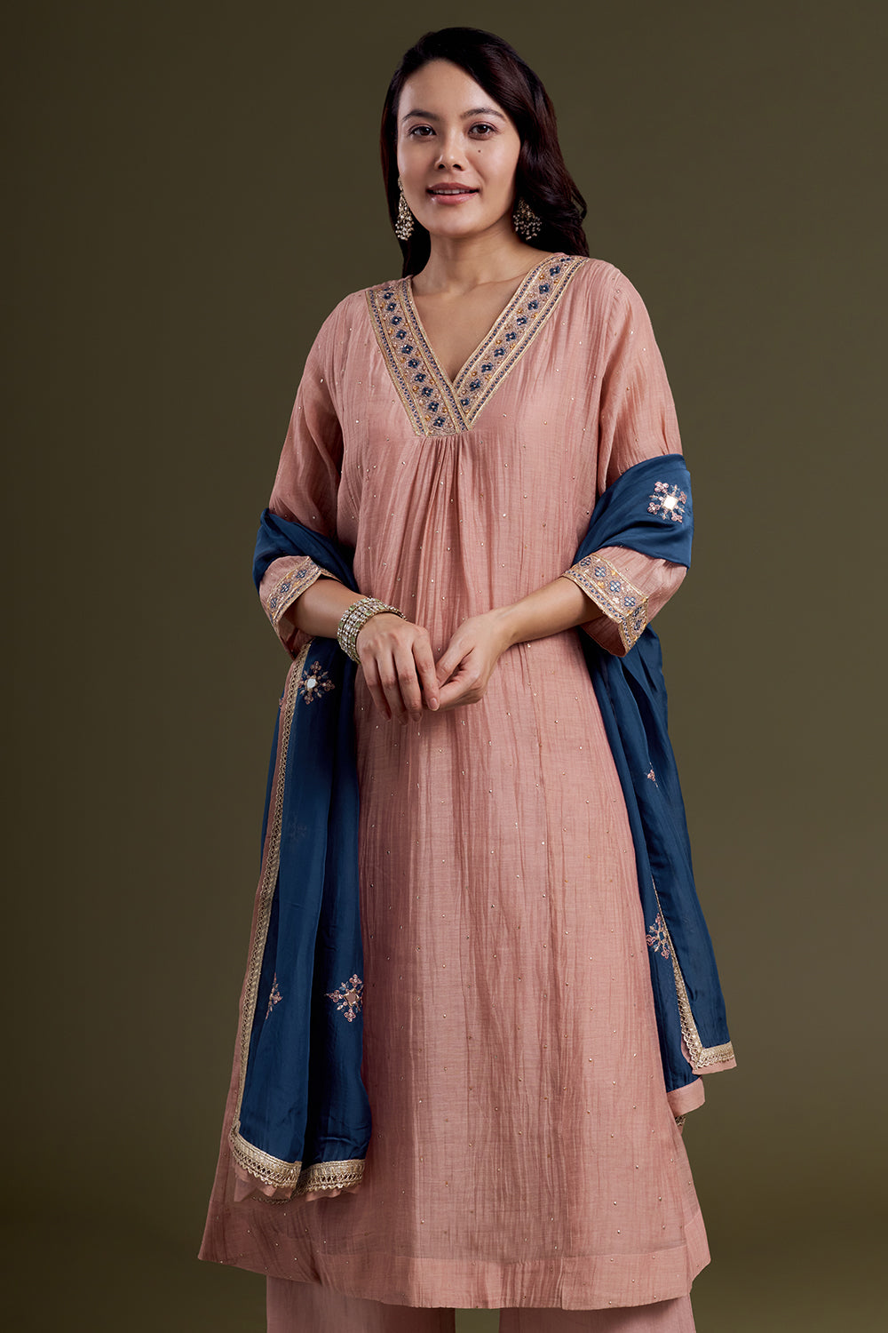 Blush Pink Chanderi Silk Kurta Set with Navy Blue Mirror-Work Dupatta