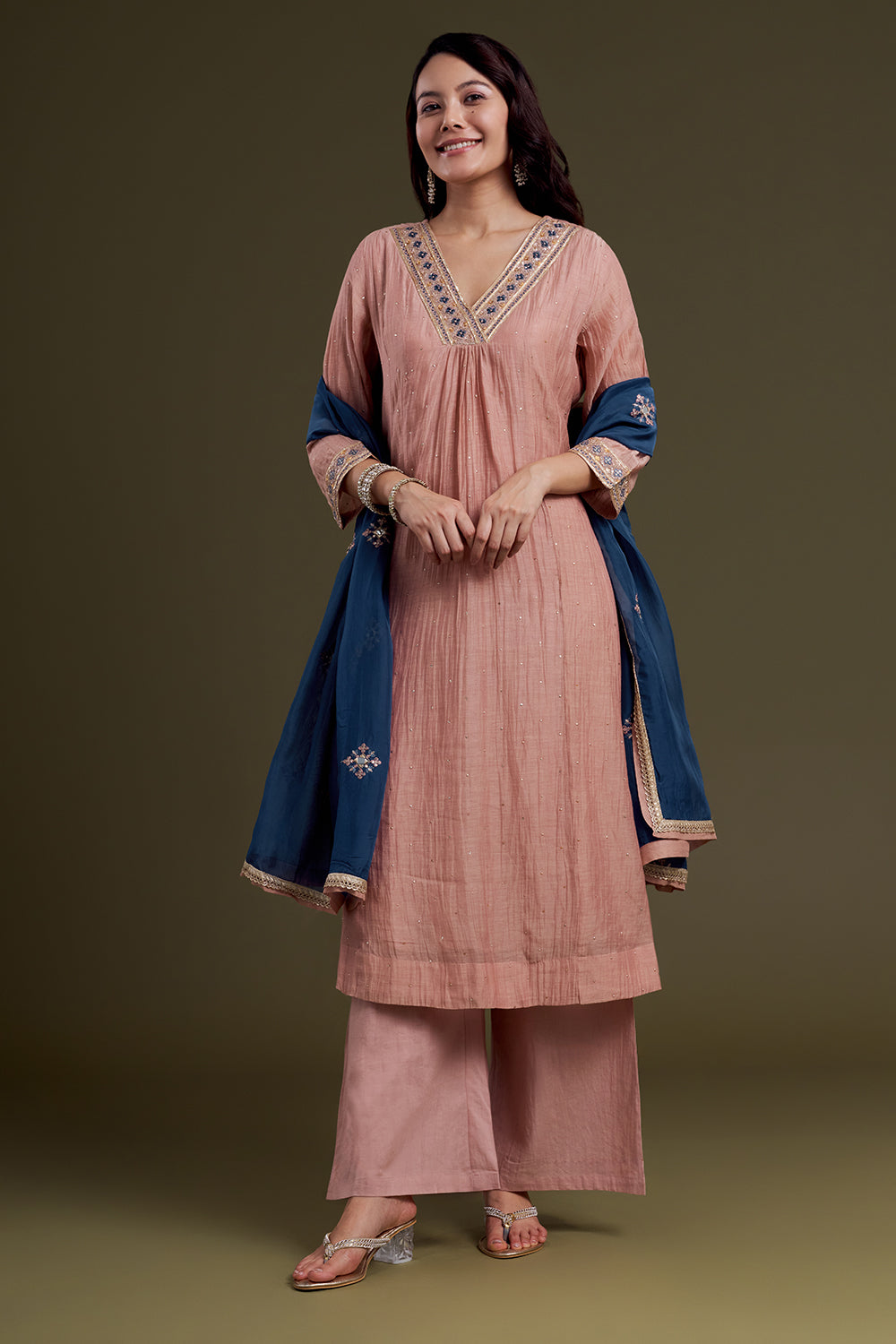 Blush Pink Chanderi Silk Kurta Set with Navy Blue Mirror-Work Dupatta