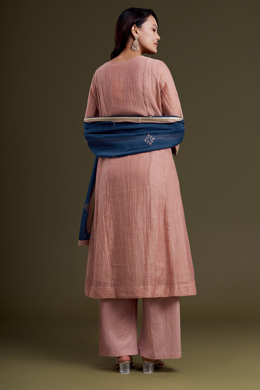 Blush Pink Chanderi Silk Kurta Set with Navy Blue Mirror-Work Dupatta