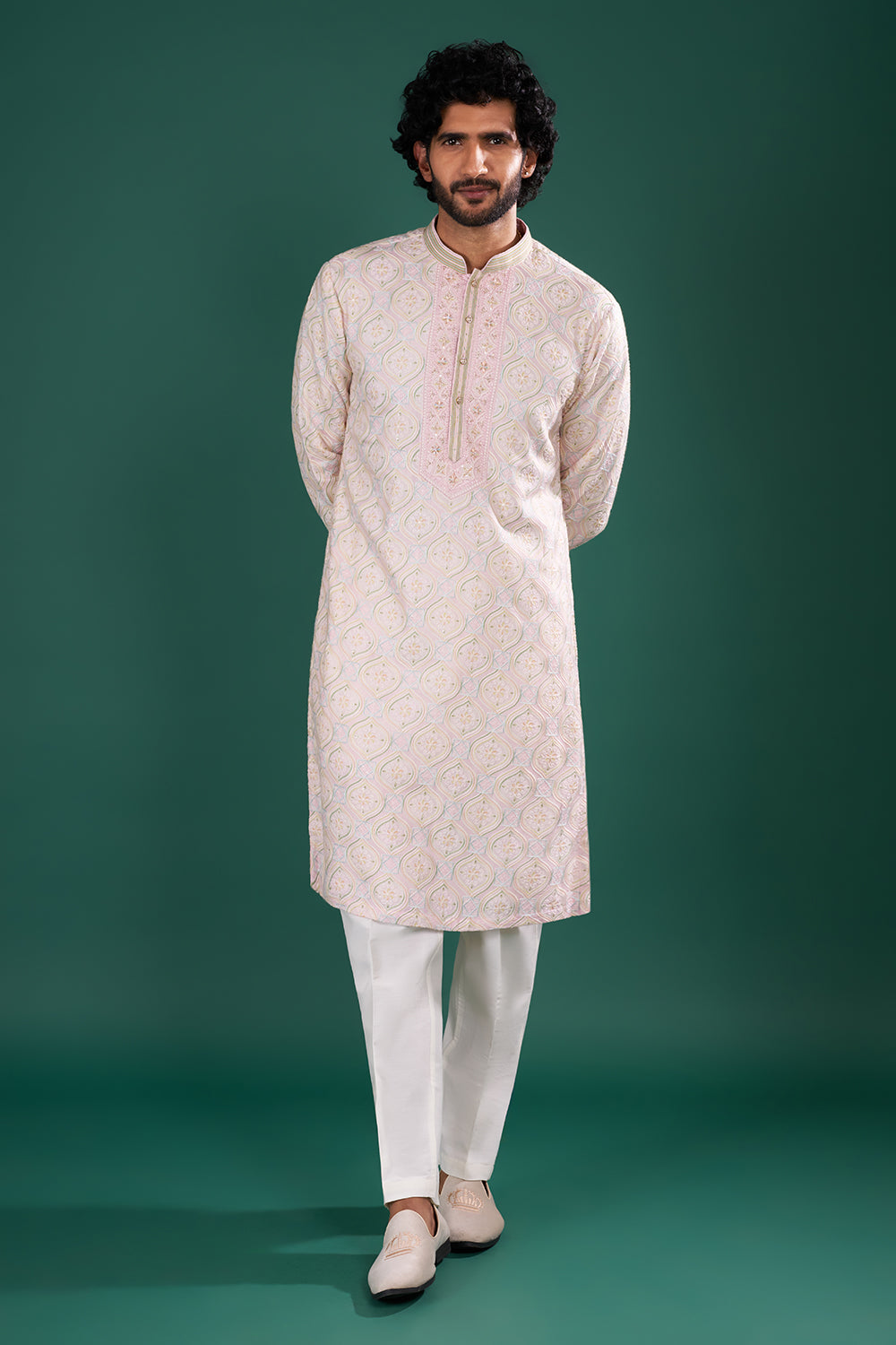 Blush Pink Men's Silk Blend Kurta Set with Floral Embroidery