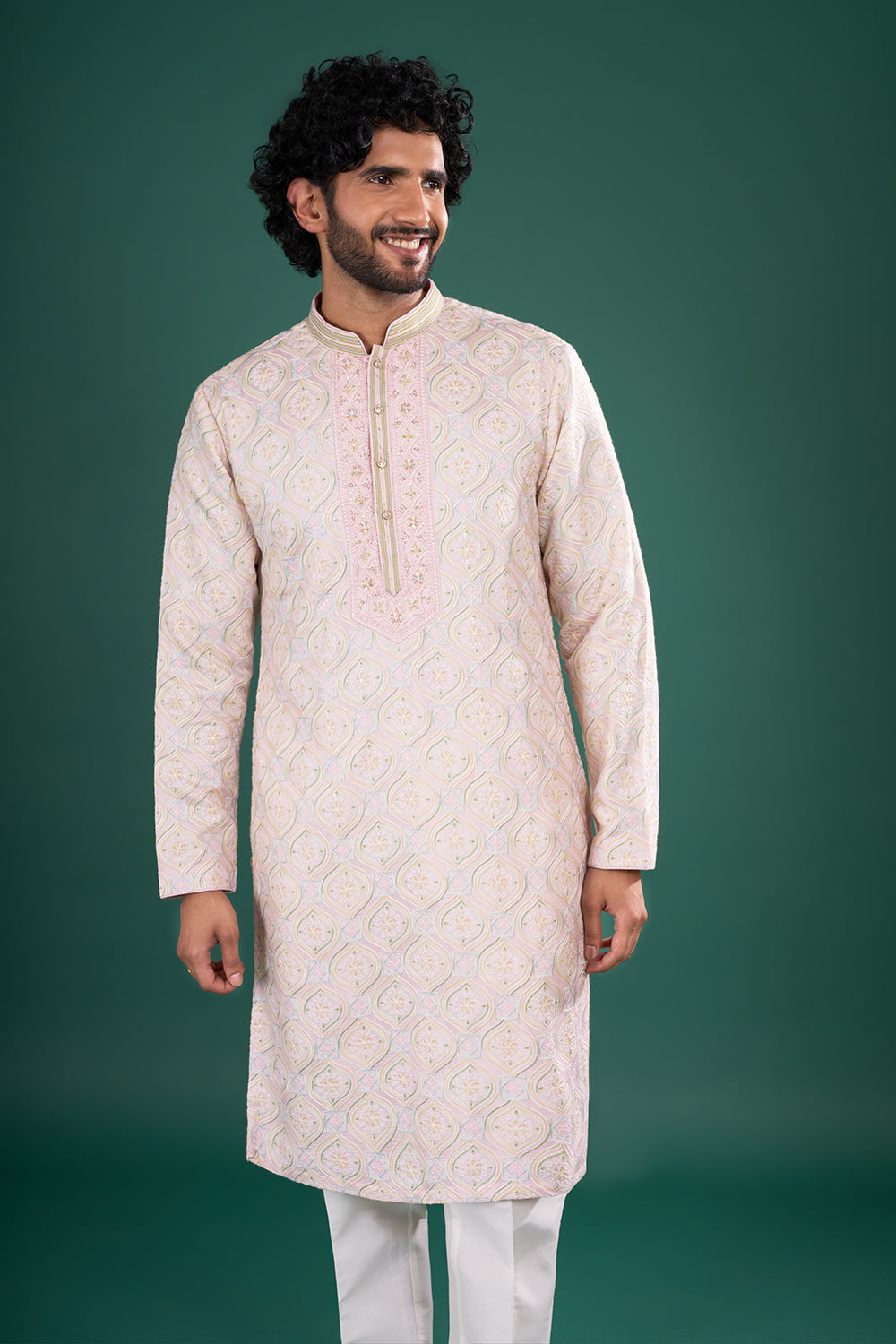 Blush Pink Men's Silk Blend Kurta Set with Floral Embroidery