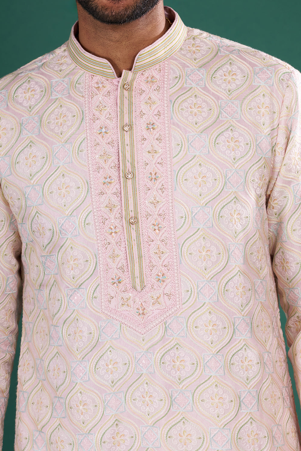Blush Pink Men's Silk Blend Kurta Set with Floral Embroidery