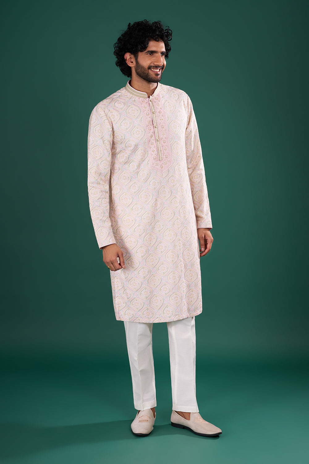 Blush Pink Men's Silk Blend Kurta Set with Floral Embroidery