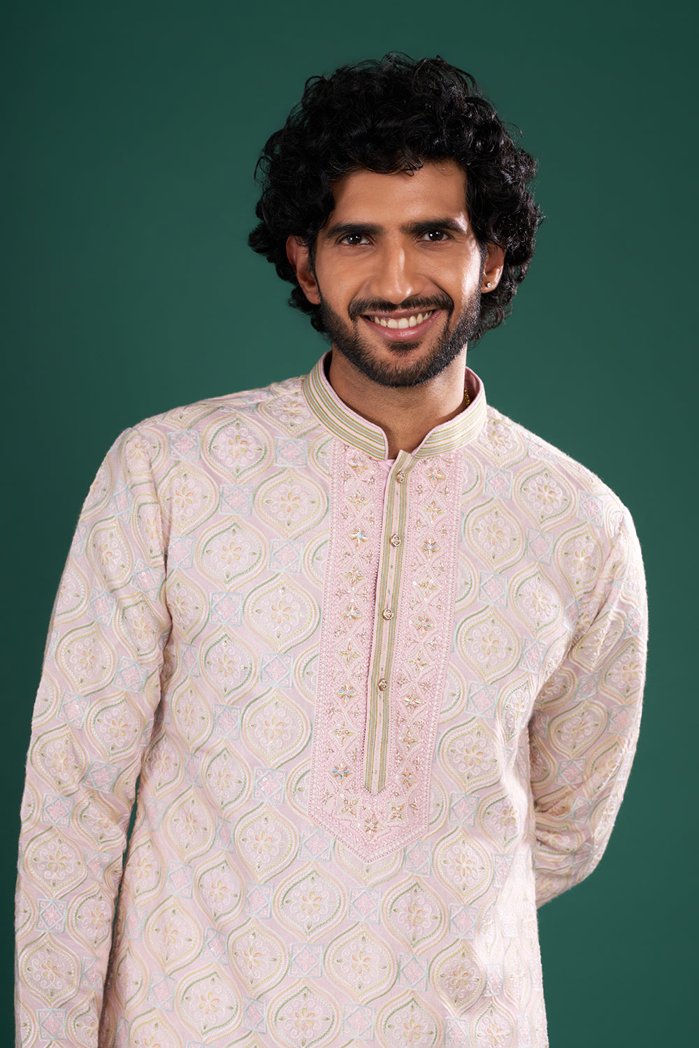 Blush Pink Men's Silk Blend Kurta Set with Floral Embroidery