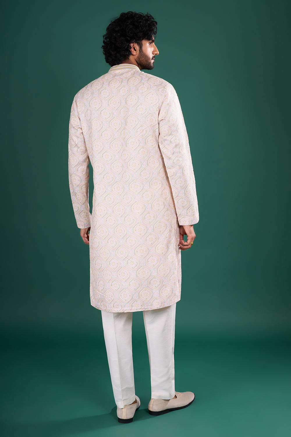Blush Pink Men's Silk Blend Kurta Set with Floral Embroidery