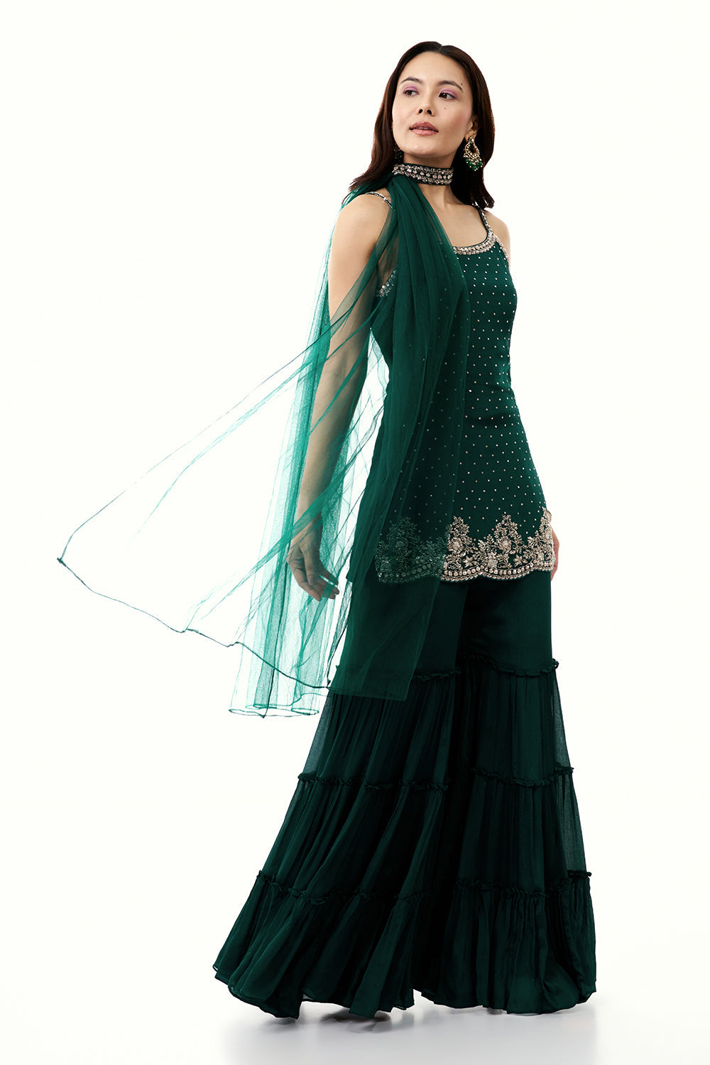 Bottle Green Chinon Sharara Set with Cutdana and Sequin Work