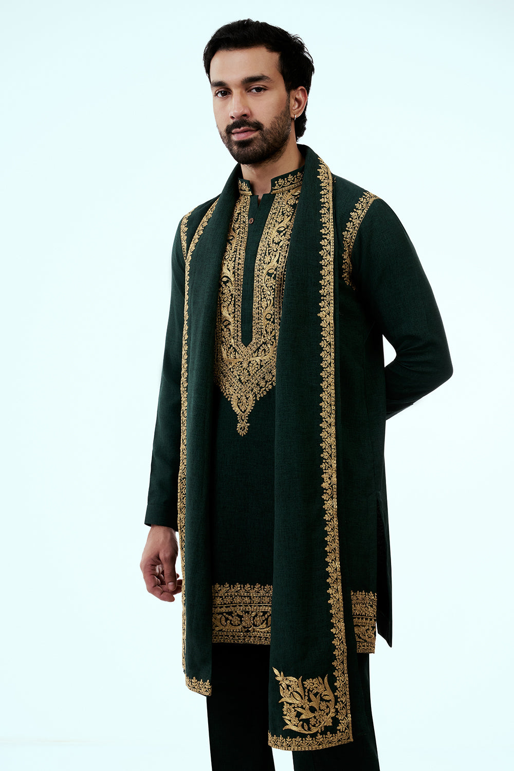 Bottle Green Dupion Silk Mens Kurta Set with Intricate Threadwork