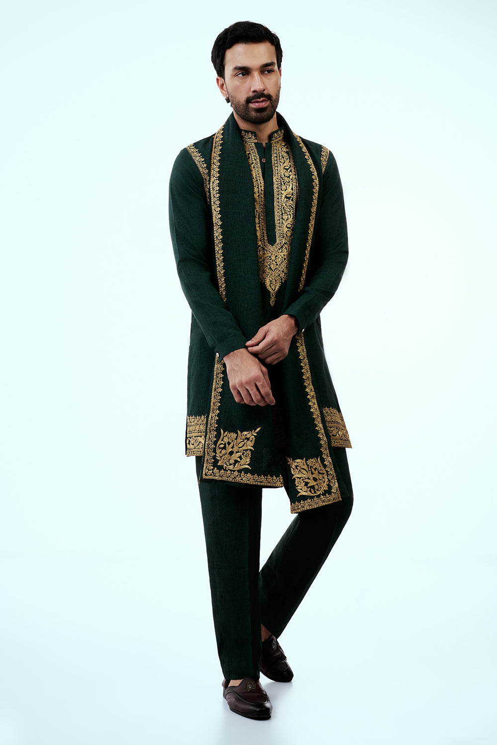 Bottle Green Dupion Silk Mens Kurta Set with Intricate Threadwork
