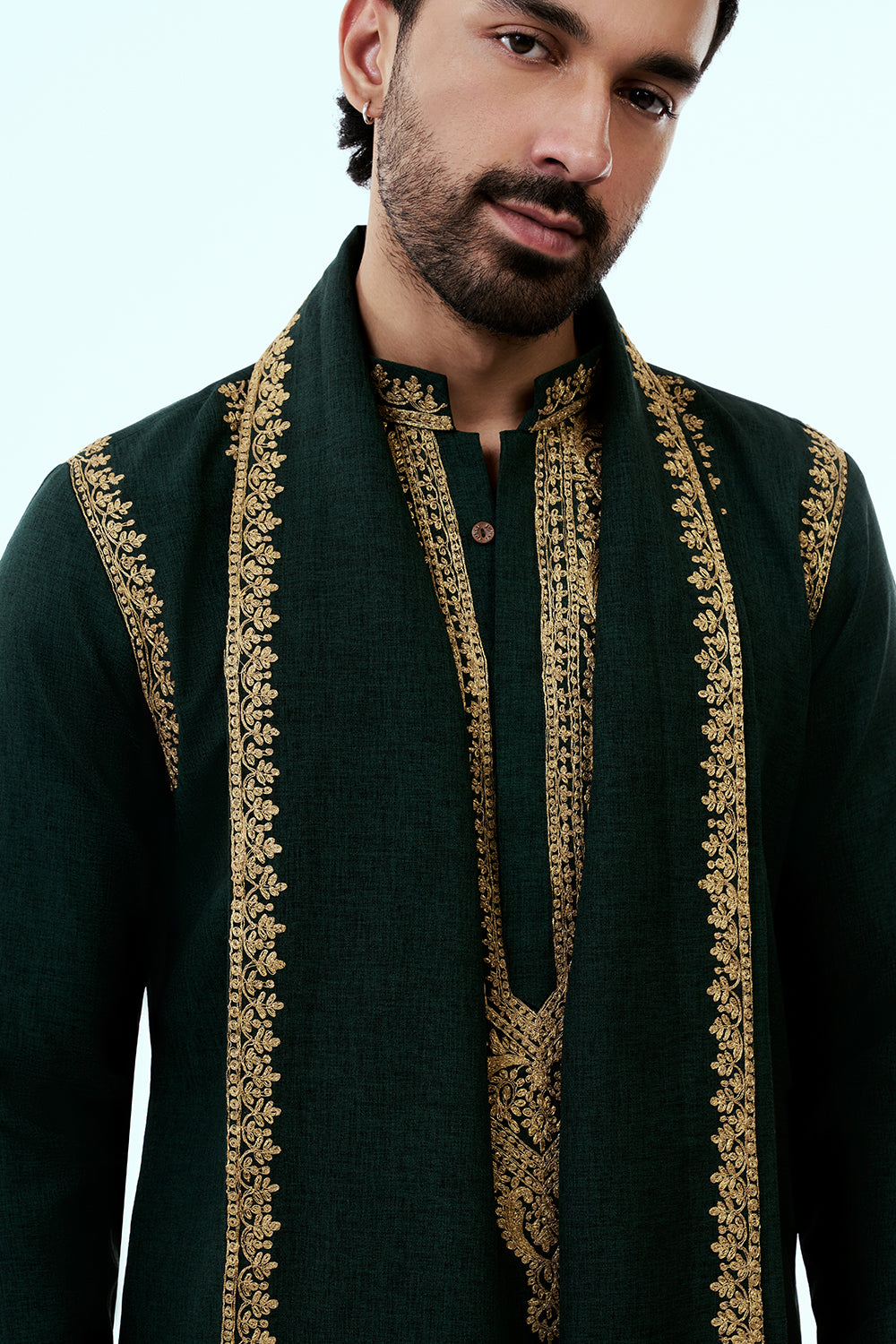 Bottle Green Dupion Silk Mens Kurta Set with Intricate Threadwork