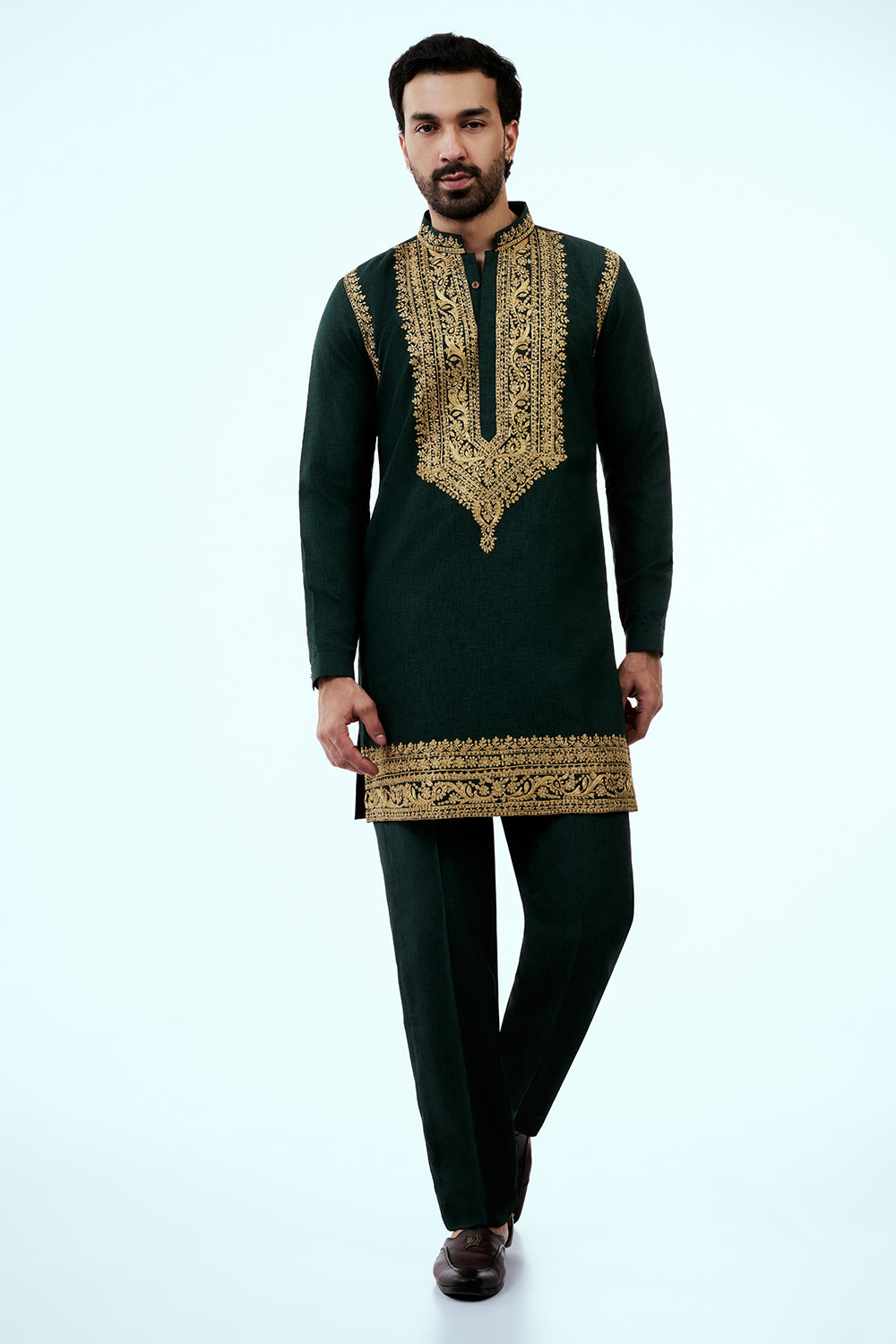 Bottle Green Dupion Silk Mens Kurta Set with Intricate Threadwork