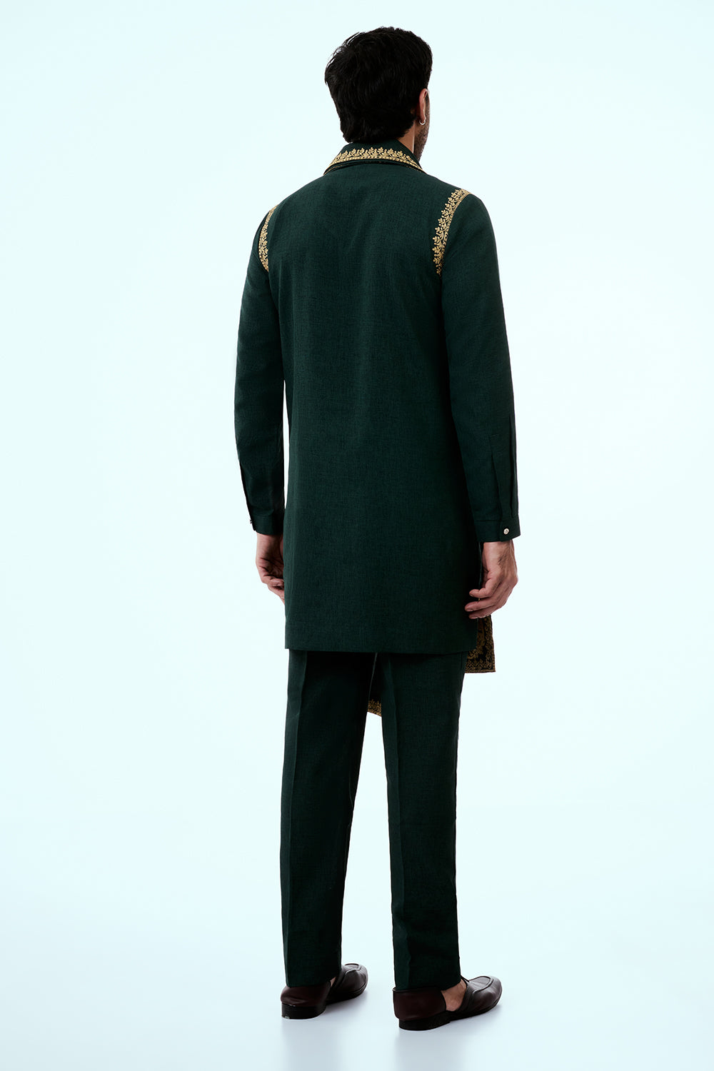 Bottle Green Dupion Silk Mens Kurta Set with Intricate Threadwork