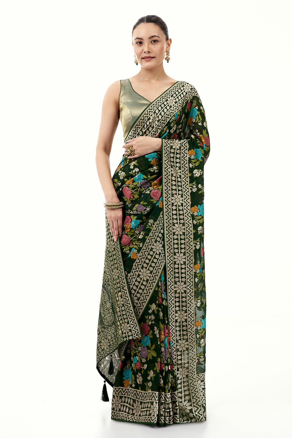 Bottle Green Khadi Georgette Woven Saree with Floral Designs