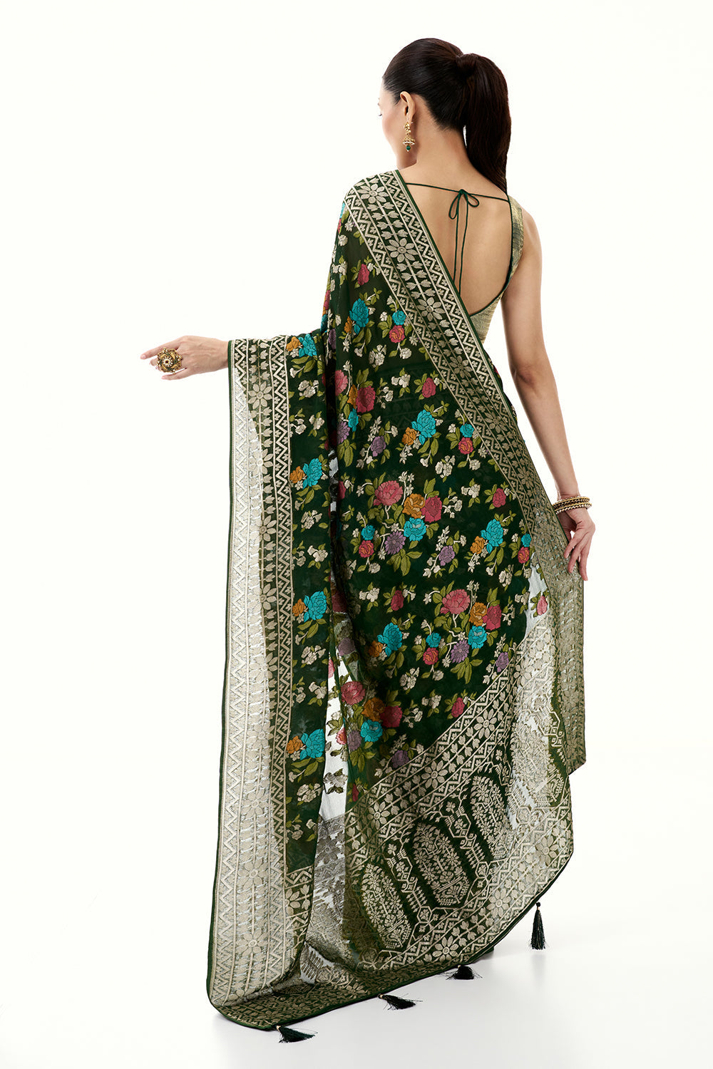 Bottle Green Khadi Georgette Woven Saree with Floral Designs