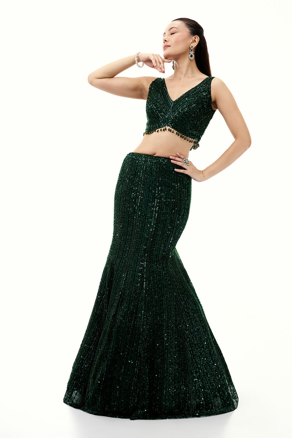 Bottle Green Lehenga with Beads and Sequin Embellishments